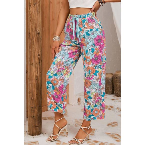 Azura Exchange  Multicolor Flower Print Pocketed Drawstring Waist Wide Leg Pants - Picture 5 of 7